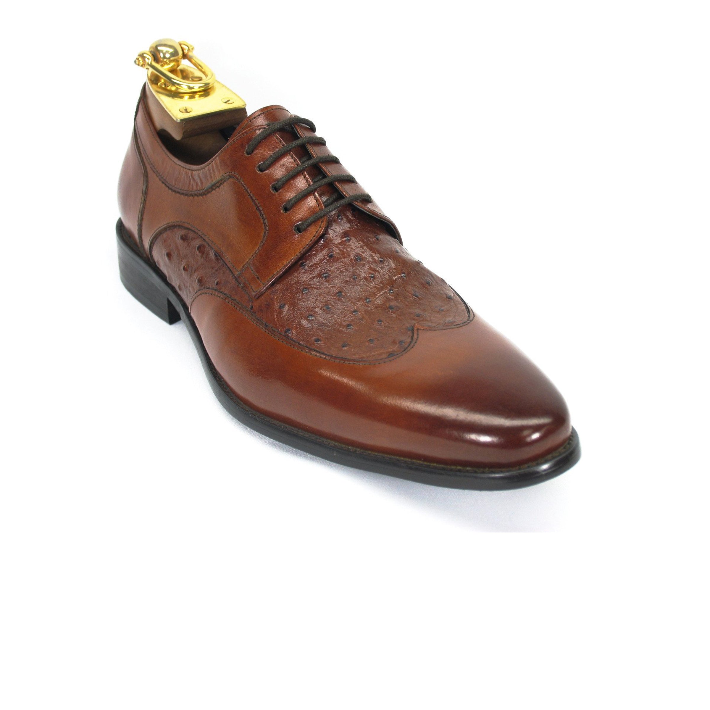 Mens Carrucci Ostrich Embossed Leather Wingtip Dress Shoe in Cognac - 8
