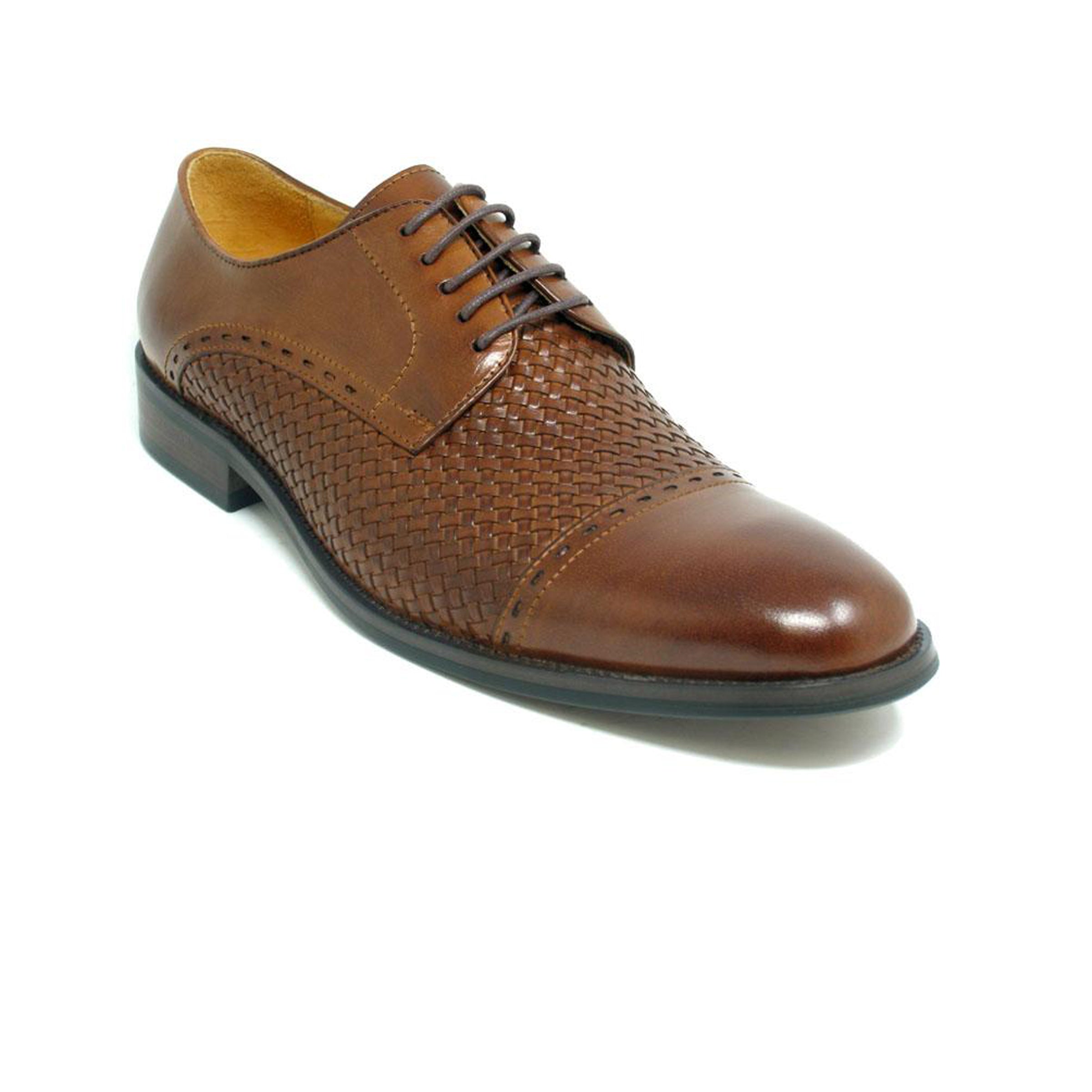 Mens Carrucci Woven Leather Cap Toe Dress Shoe in Cognac - 8