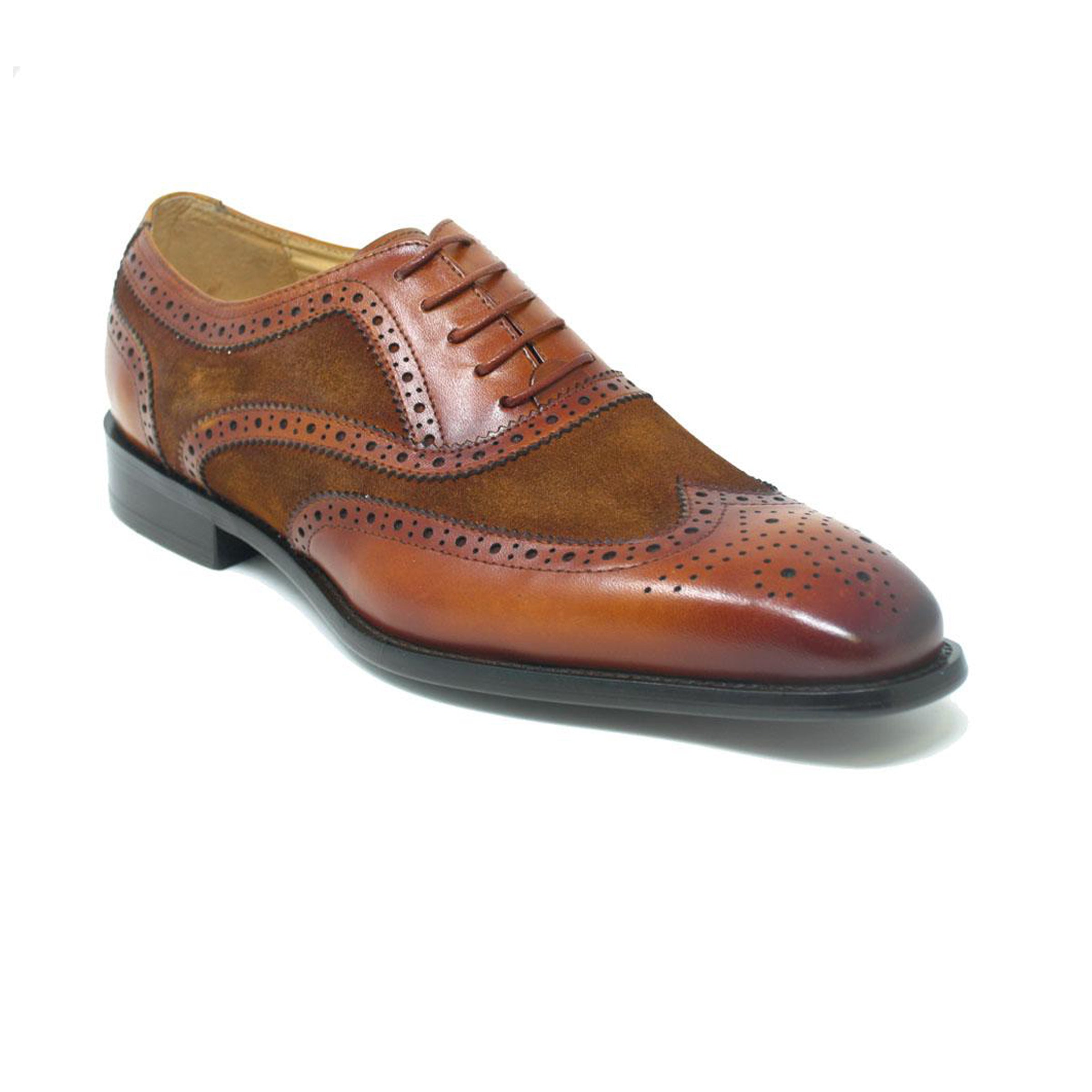 Mens Carrucci Mixed Media Leather Wingtip Dress Shoe in Cognac - 7
