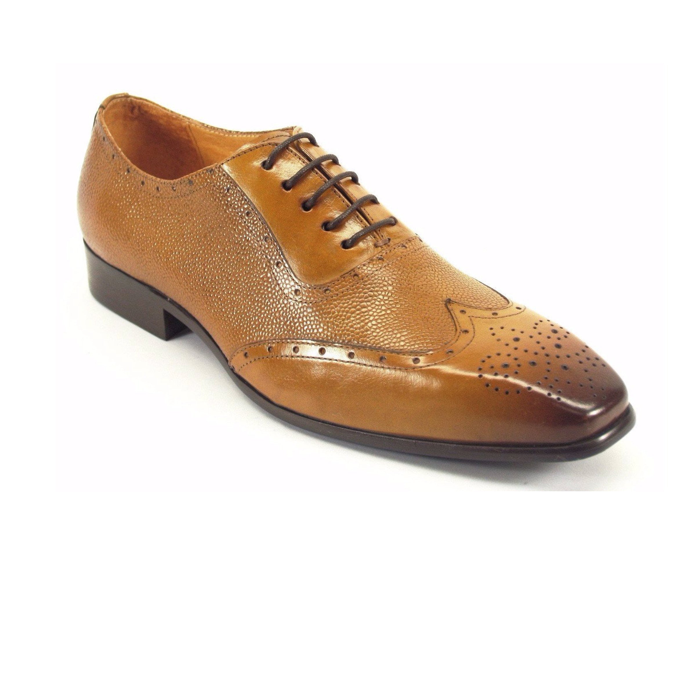 Mens Carrucci Caviar Leather Wingtip Dress Shoe in Cognac - 7.5
