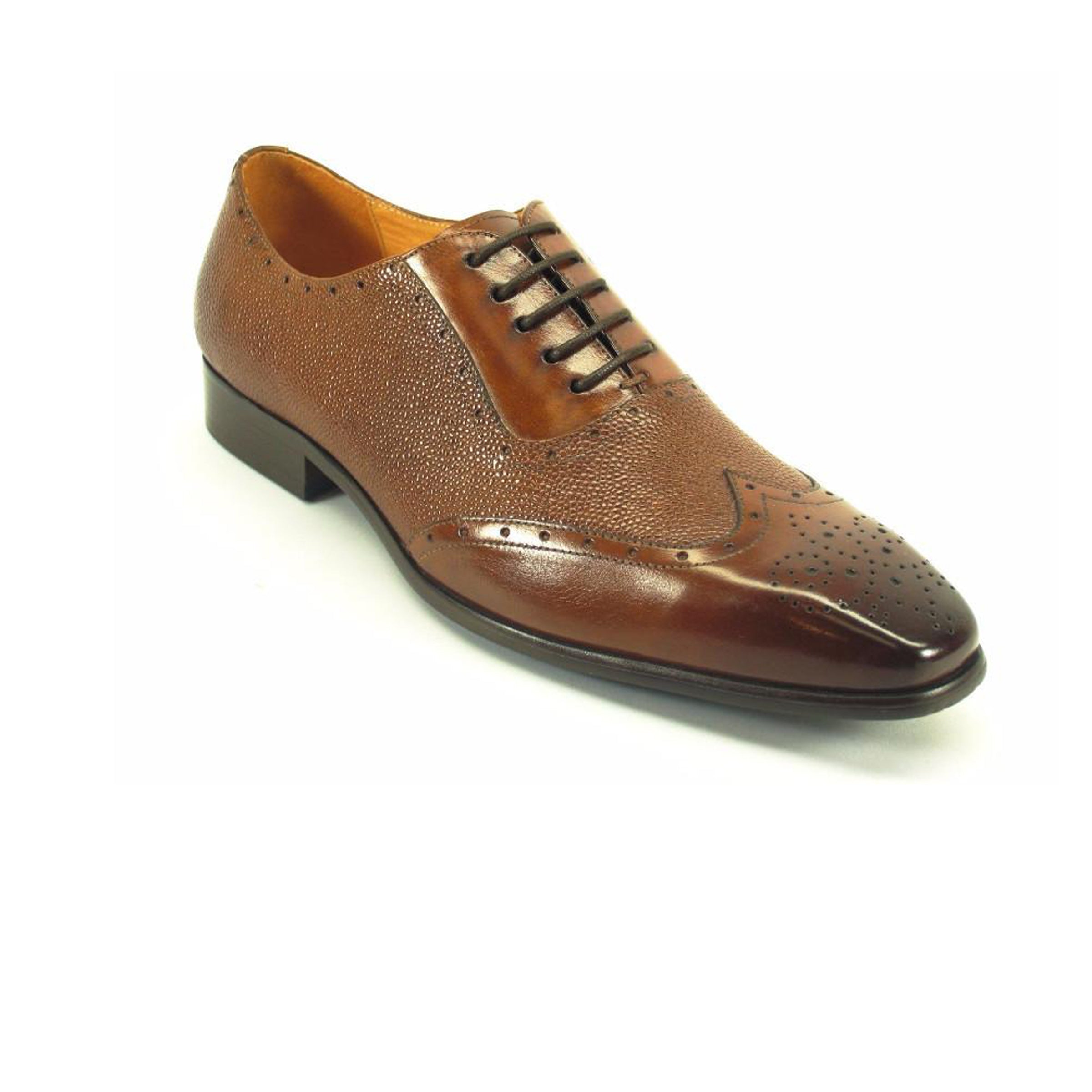 Mens Carrucci Caviar Leather Wingtip Dress Shoe in Cognac - 7.5