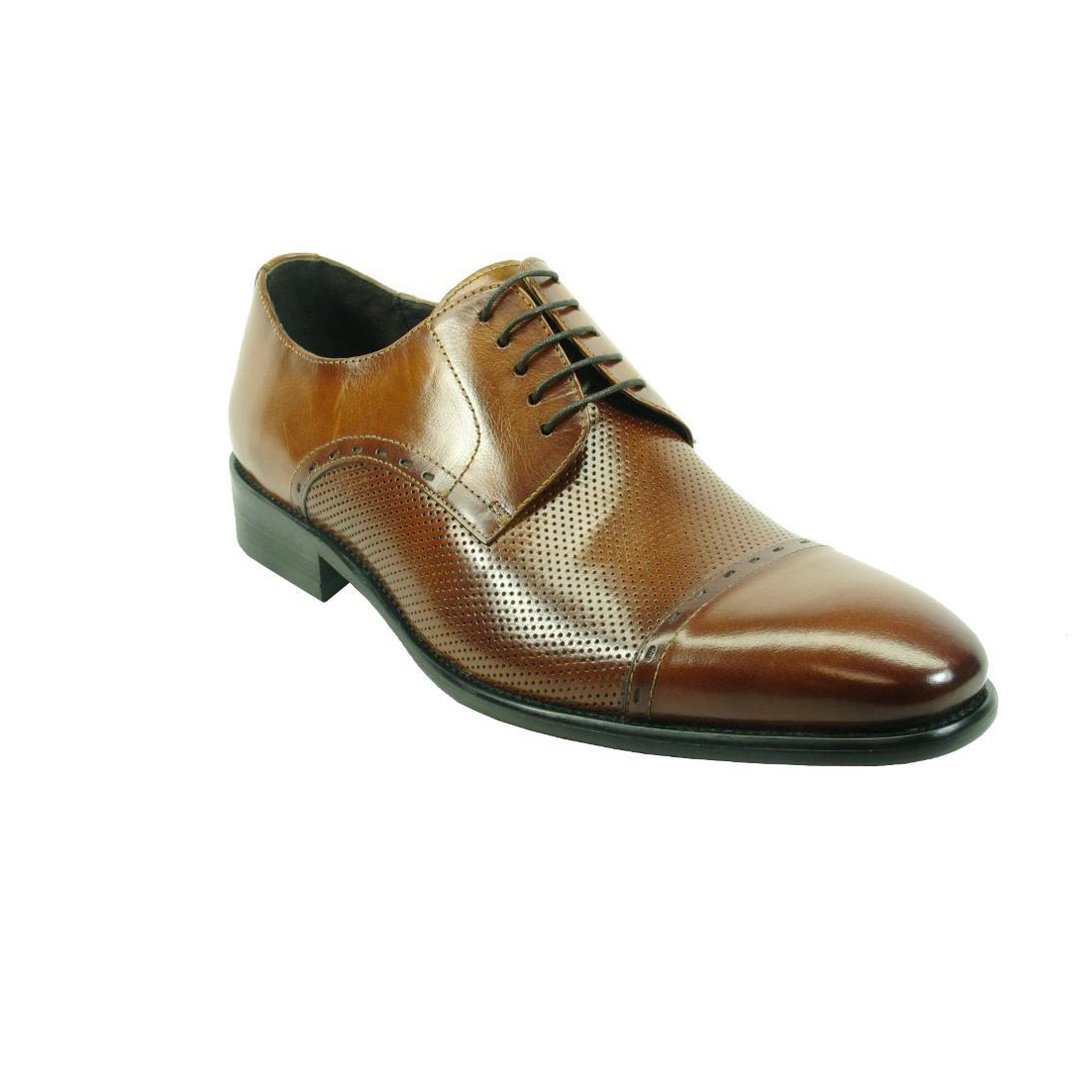 Mens Carrucci Perforated Leather Cap Toe Dress Shoe in Cognac - 7.5