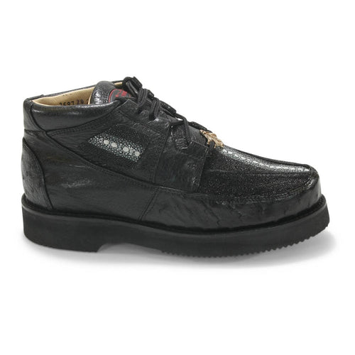 Los Altos Men’s Black Stingray and Ostrich Skin Casual Shoes, Exotic Lace Up Ankle Dress Shoes