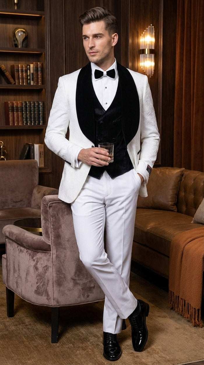 Gianni Men’s White 3 Piece Tuxedo with Black Velvet Lapel, Tailored Fit Formal Wedding Prom Suit