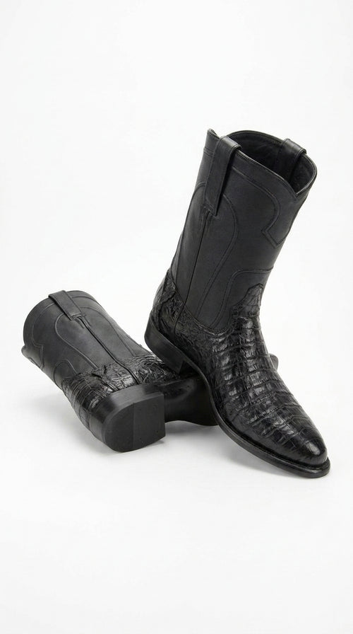 Men’s Black Caiman Belly Roper Boots, Exotic Western Cowboy Dress Boots