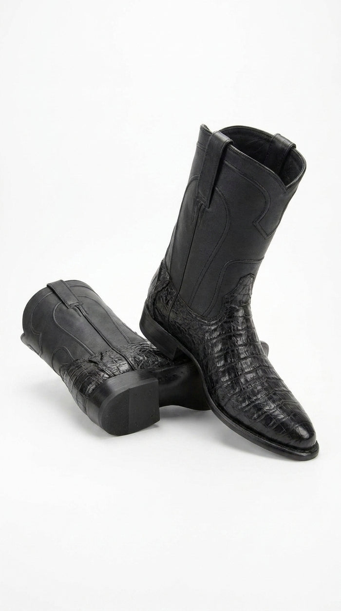 Men’s Black Caiman Belly Roper Boots, Exotic Western Cowboy Dress Boots