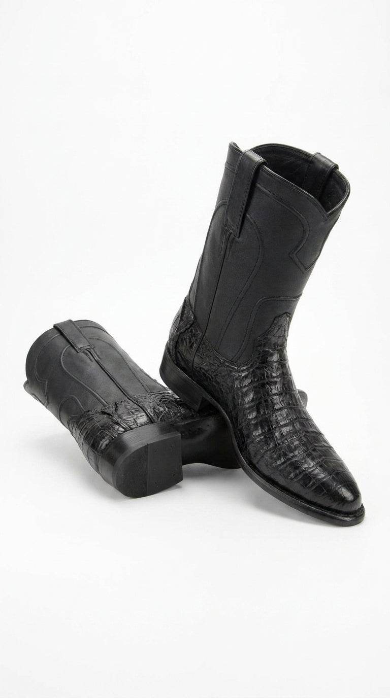 Men’s Black Caiman Belly Roper Boots, Exotic Western Cowboy Dress Boots