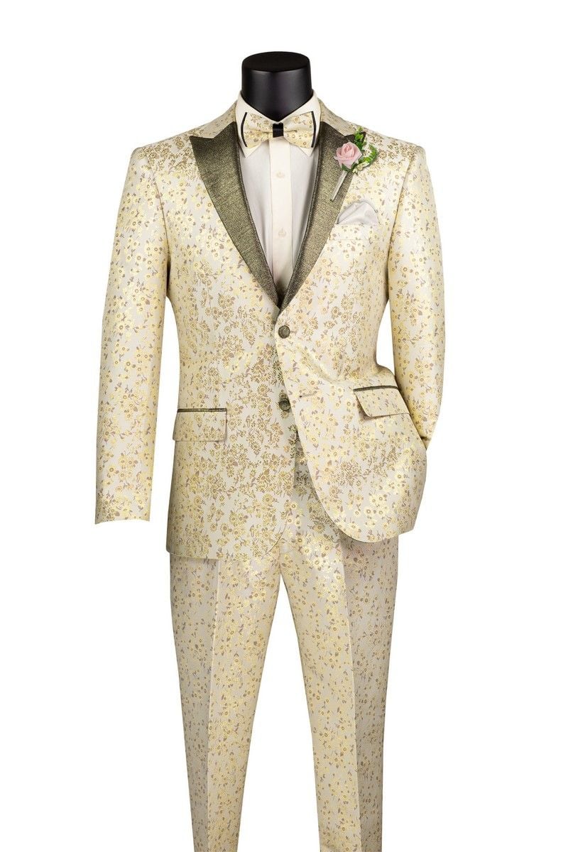 Champagne Gold Floral Tuxedo Suit for Men – Two-Piece Wedding Tux with Bow Tie and Satin Lapel - 34 Short or Extra Small