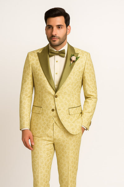 Champagne Gold Floral Tuxedo Suit for Men Two-Piece Wedding Tux with Bow Tie and Satin Lapel