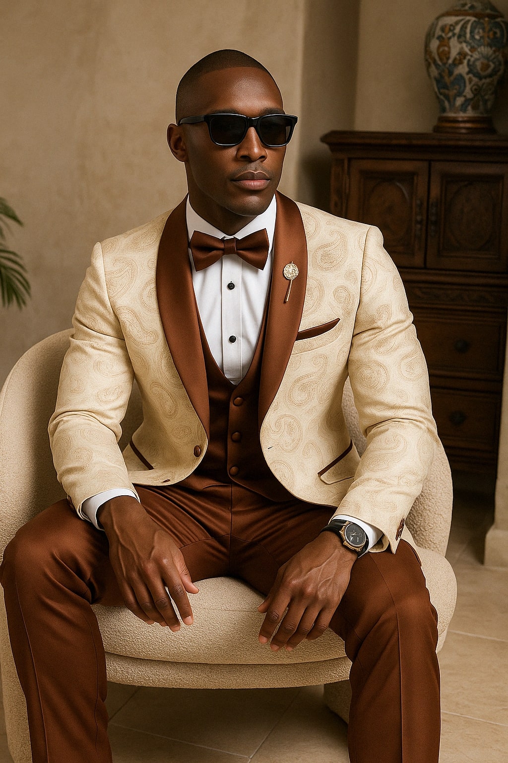 Mens Champagne Paisley Tuxedo with Brown Satin Lapel and Pants – Formal Wedding Suit with Chain Brooch - 34 Short or Extra Small