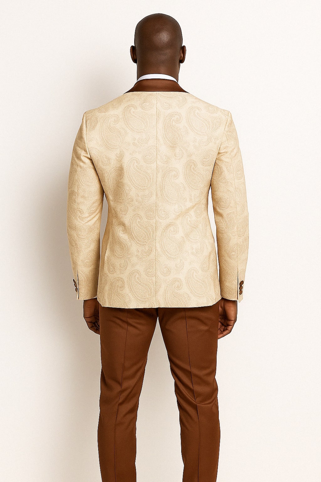 Mens Champagne Paisley Tuxedo with Brown Satin Lapel and Pants – Formal Wedding Suit with Chain Brooch - 34 Short or Extra Small