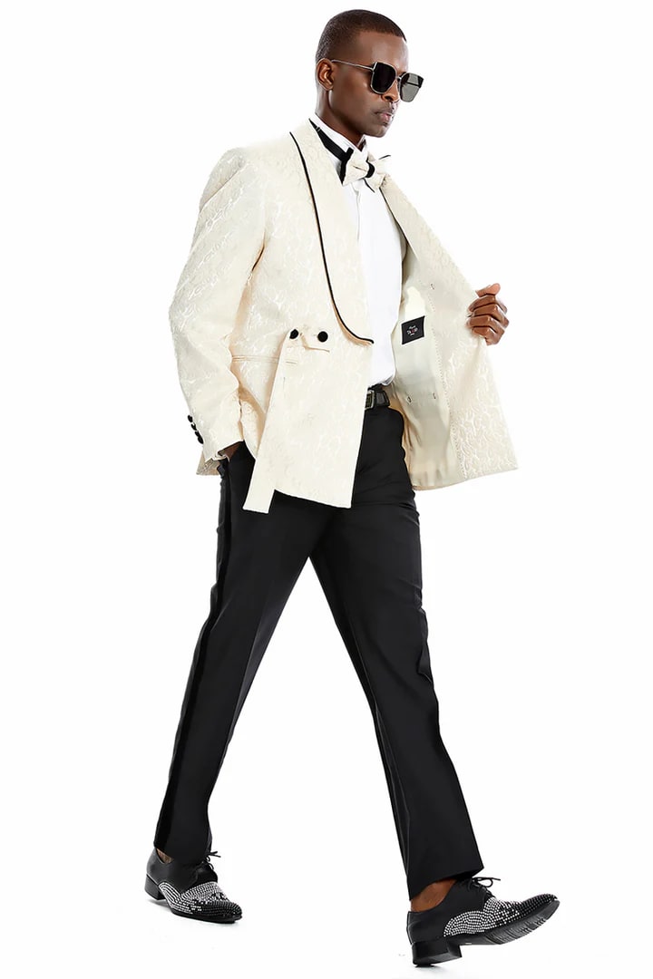 Cheap priced Suit - Men's Slim Fit Double Breasted Smoking Jacket Prom 2025 & Wedding Champagne Tuxedo Paisley - 38 Short Jacket+32 Waist Adjustable 28to34)(Height: 5 4 to5 7 )(Neck  15-16.5)S-M)