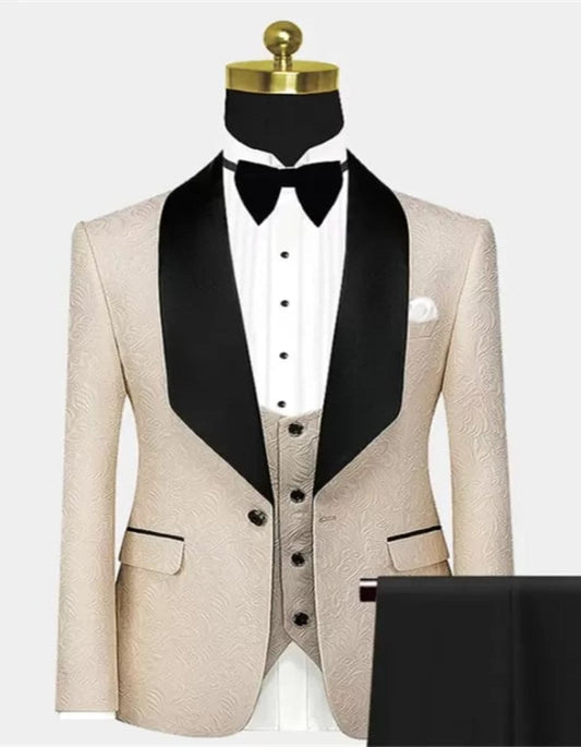 Stylish Light Champagne Prom Suit | Black Large Lapel Jacquard Wedding Tuxedos