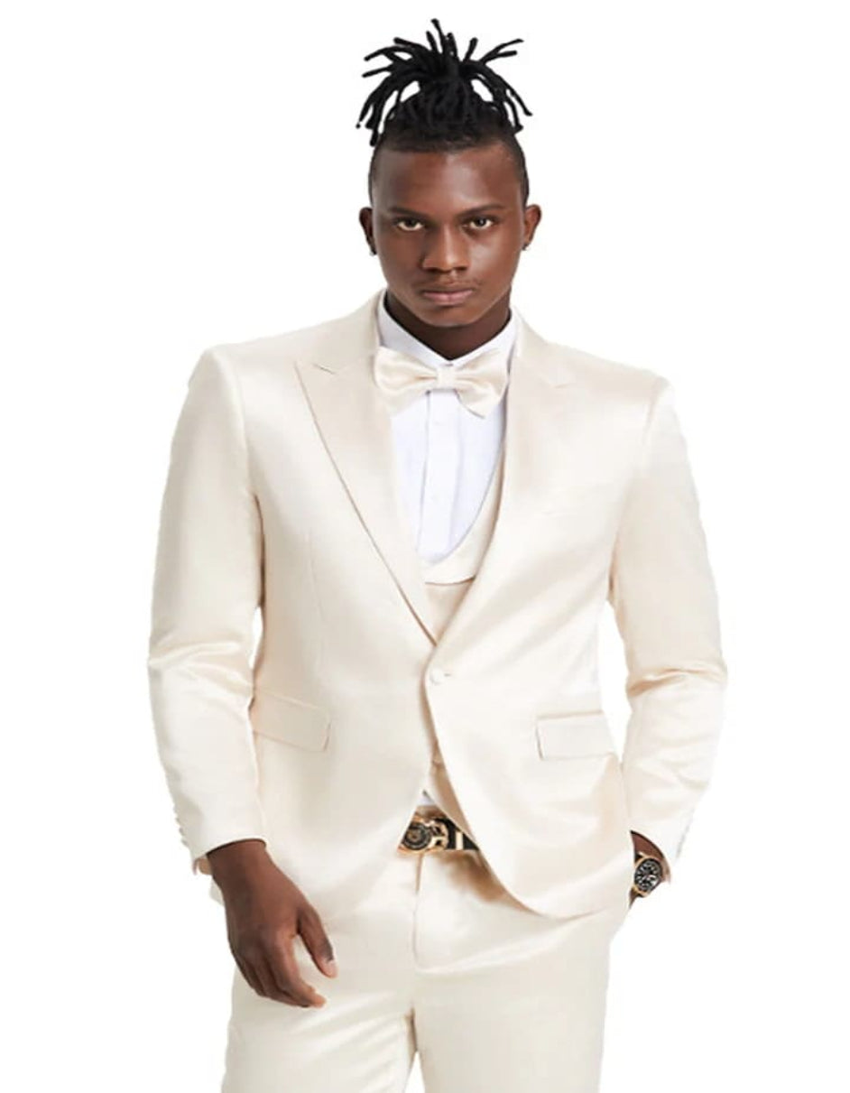 Men's One Button Vested Shiny Satin Sharkskin Champagne Party Suit - Coat Size 38
