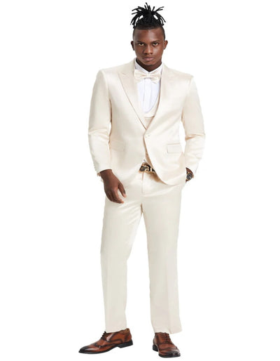 Nude Color Suit -  Nude Tuxedo Light Color - Men's One Button Vested Shiny Satin Sharkskin Prom & Wedding Party Champagne Suit