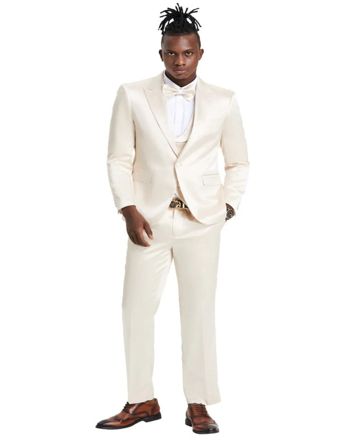 Nude Color Suit -  Nude Tuxedo Light Color - Men's One Button Vested Shiny Satin Sharkskin Prom & Wedding Party Champagne Suit