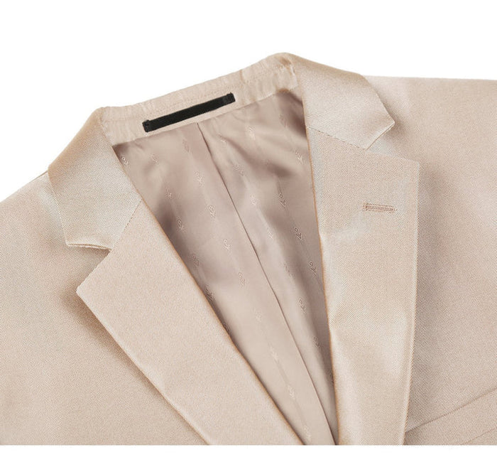 Cheap Priced Suit - Mens Basic Two Button Slim Fit  Suit With Optional Vest In Shiny Champagne Tan Sharkskin