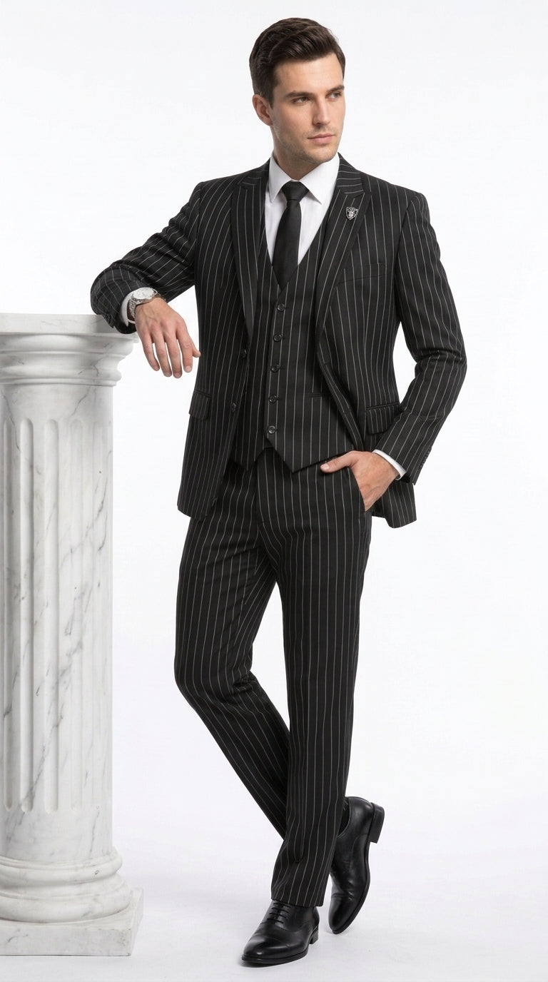 Men’s Black 2 Button Gangster Pinstripe Suit, Striped Pattern Homecoming 3 Piece Dress Suit