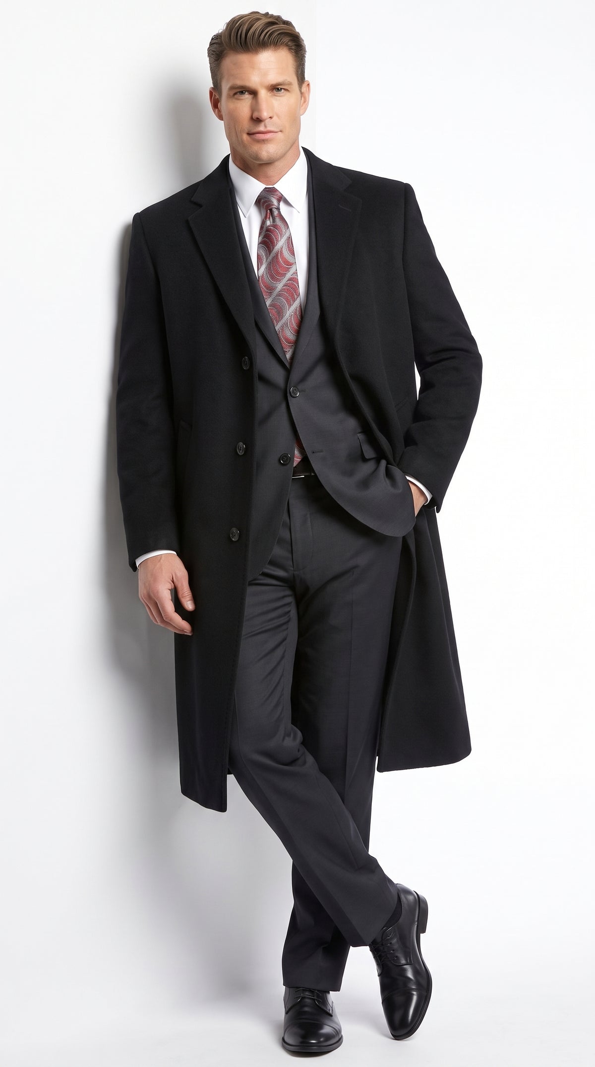 Men’s Black Wool and Cashmere Full Length Overcoat, Luxury Formal Dress Coat