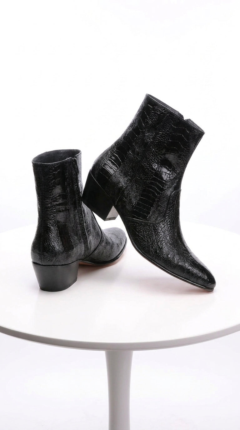 Los Altos Men’s Black Ostrich Ankle Dress Boots, Genuine Exotic Higher Heel Dress Boots