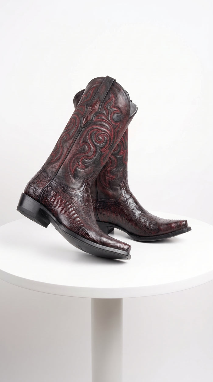 Los Altos Men’s Black Cherry Ostrich Leg Cowboy Boots, Exotic Dress Western Boots