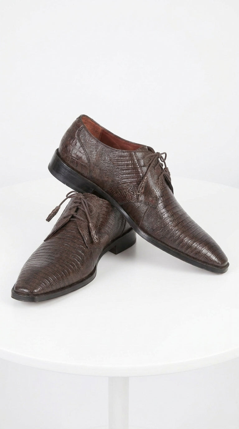 Men’s Original Exotic Teju Lizard Skin Shoes ZV080707, Brown Lace-Up Formal Dress Shoes