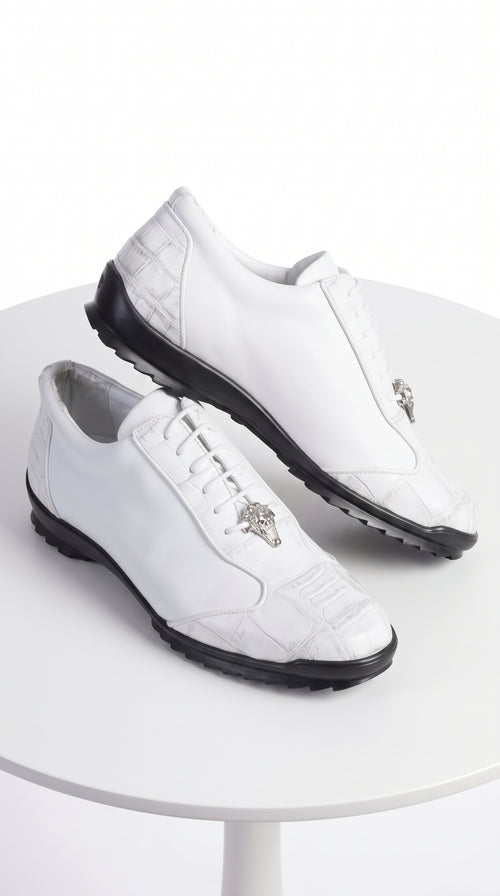 Men’s White Ostrich Leg Leather Sneaker LAB-ZC091928, Exotic Lace-Up Casual Dress Shoes