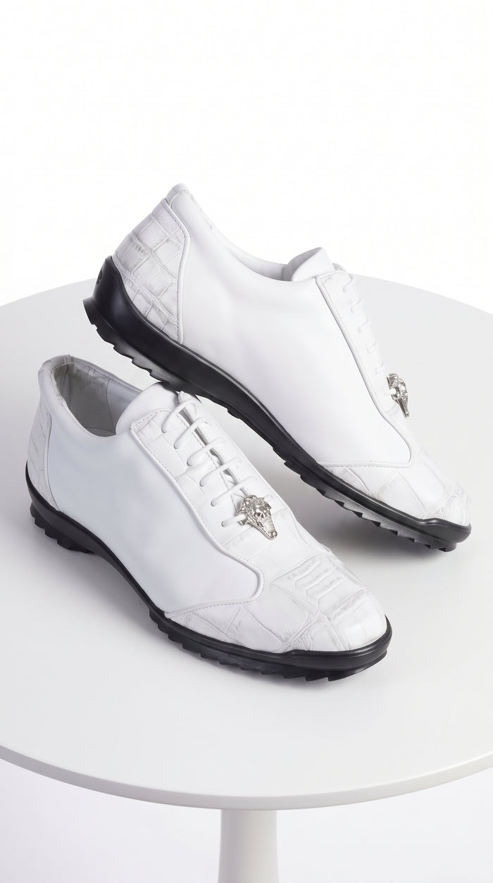 Men’s White Ostrich Leg Leather Sneaker LAB-ZC091928, Exotic Lace-Up Casual Dress Shoes