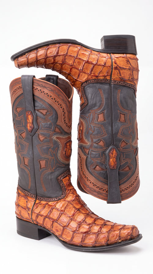 Los Altos Men’s Cognac Pirarucu Exotic Cowboy Boots – European Square Toe Western Boots