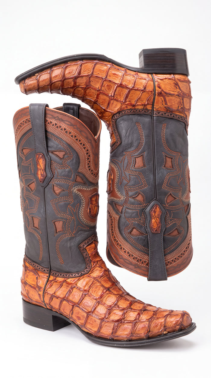 Los Altos Men’s Cognac Pirarucu Exotic Cowboy Boots – European Square Toe Western Boots