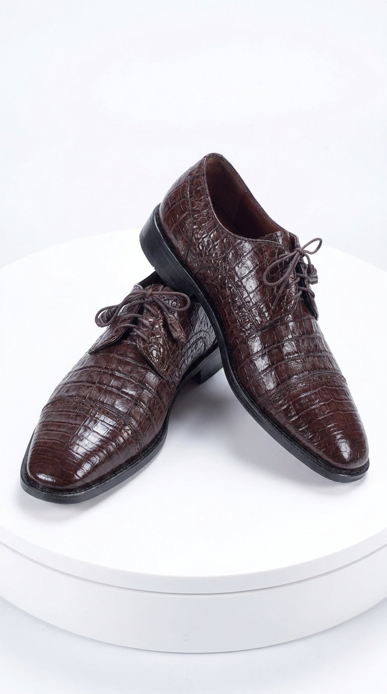 Men’s Original Exotic Caiman Belly Skin Shoes ZV098207, Brown Lace-Up Formal Dress Shoes