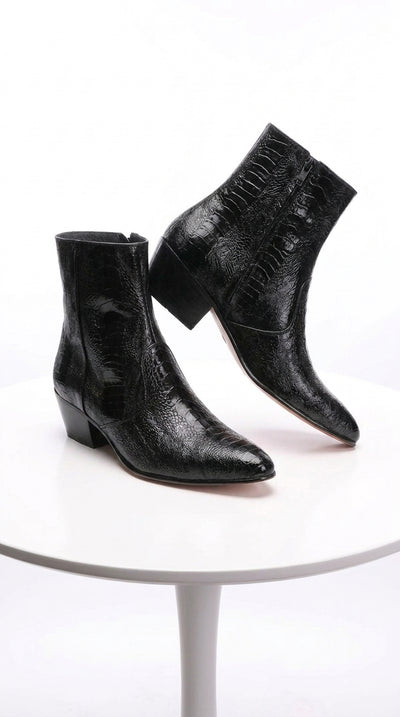 Los Altos Men’s Black Ostrich Ankle Dress Boots, Genuine Exotic Higher Heel Dress Boots