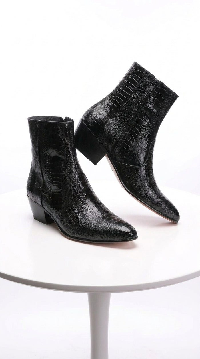 Los Altos Men’s Black Ostrich Ankle Dress Boots, Genuine Exotic Higher Heel Dress Boots