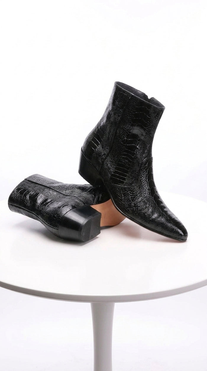 Los Altos Men’s Black Ostrich Ankle Dress Boots, Genuine Exotic Higher Heel Dress Boots