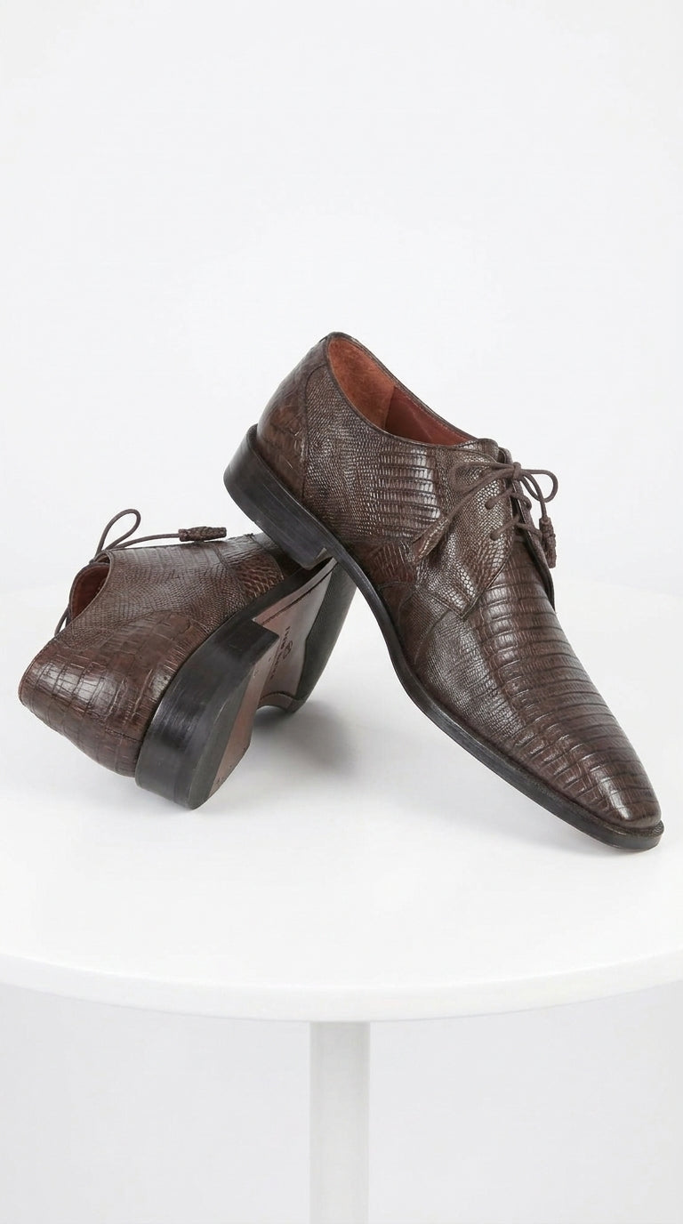 Men’s Original Exotic Teju Lizard Skin Shoes ZV080707, Brown Lace-Up Formal Dress Shoes