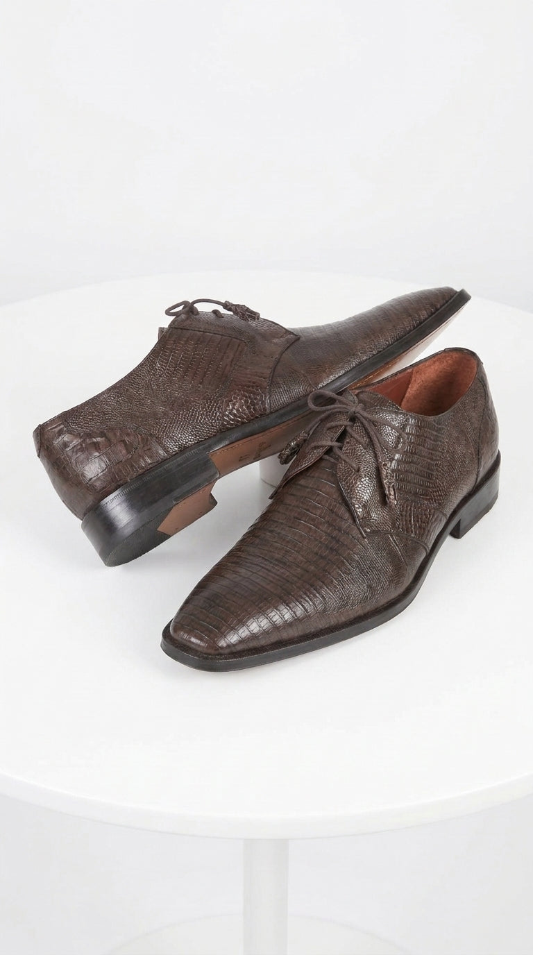 Men’s Original Exotic Teju Lizard Skin Shoes ZV080707, Brown Lace-Up Formal Dress Shoes