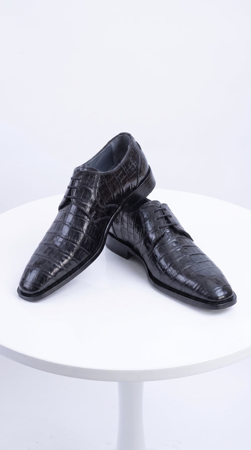 Men’s Original Exotic Caiman Belly Skin Shoes ZV088205, Black Lace-Up Formal Dress Shoes