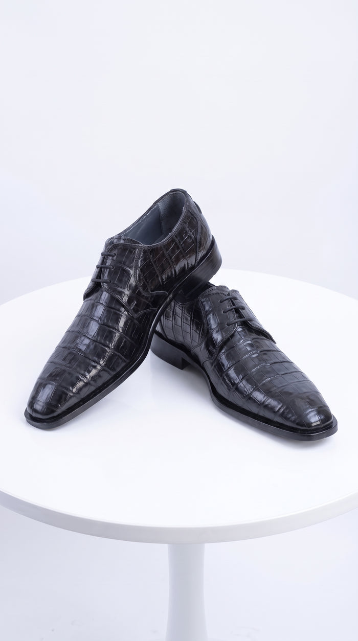 Men’s Original Exotic Caiman Belly Skin Shoes ZV088205, Black Lace-Up Formal Dress Shoes