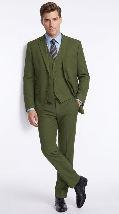 Men’s Olive Classic Fit 3 Piece Suit, Flat Front Vested Formal Wedding Business Suit