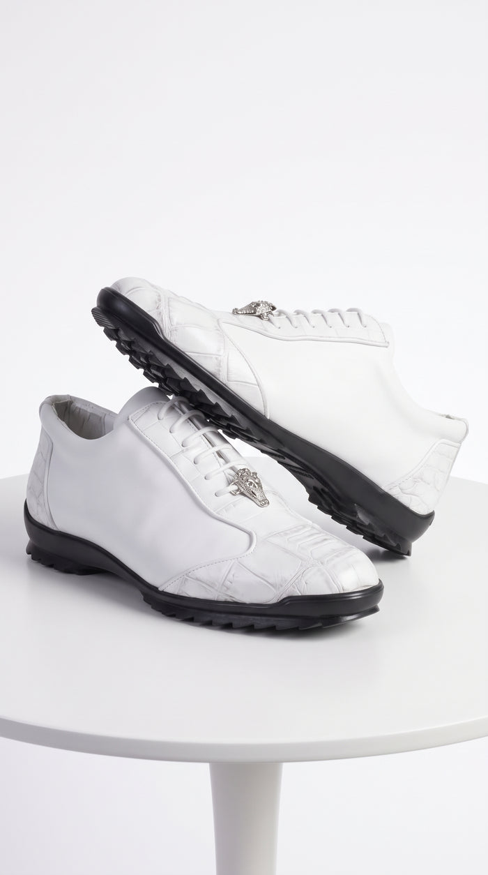 Men’s White Ostrich Leg Leather Sneaker LAB-ZC091928, Exotic Lace-Up Casual Dress Shoes