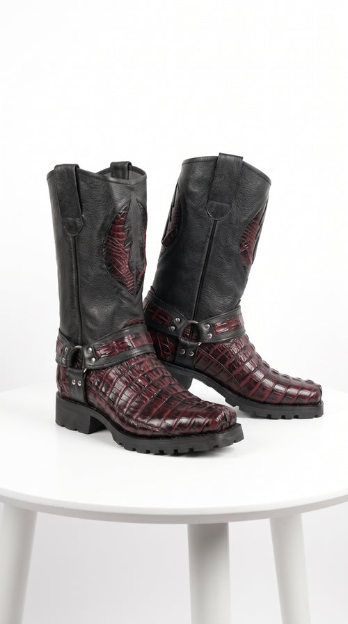 Men’s Los Altos Black and Burgundy Caiman Tail Skin Biker Boots, Exotic Western Motorcycle Boots