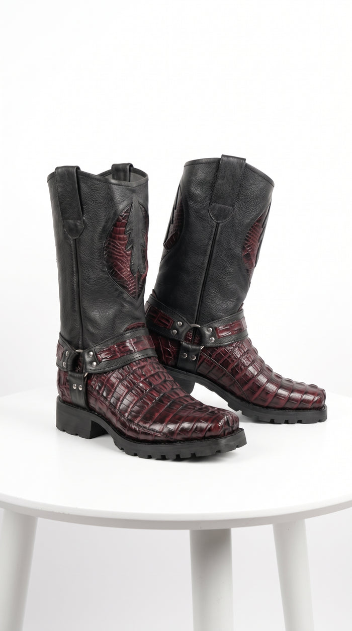 Men’s Los Altos Black and Burgundy Caiman Tail Skin Biker Boots, Exotic Western Motorcycle Boots