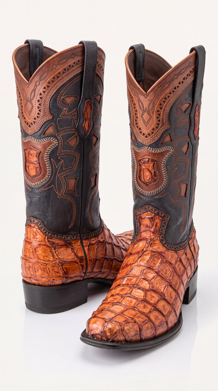 Los Altos Men’s Cognac Pirarucu Exotic Cowboy Boots – European Square Toe Western Boots