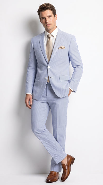Men’s Navy Seersucker 2 Piece Suit, Modern Fit Summer Wedding Dress Suit