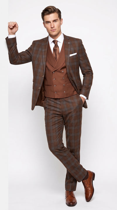Men’s Copper Plaid Modern Fit Wool Suit, 3 Piece Formal Suit with Double Breasted Vest
