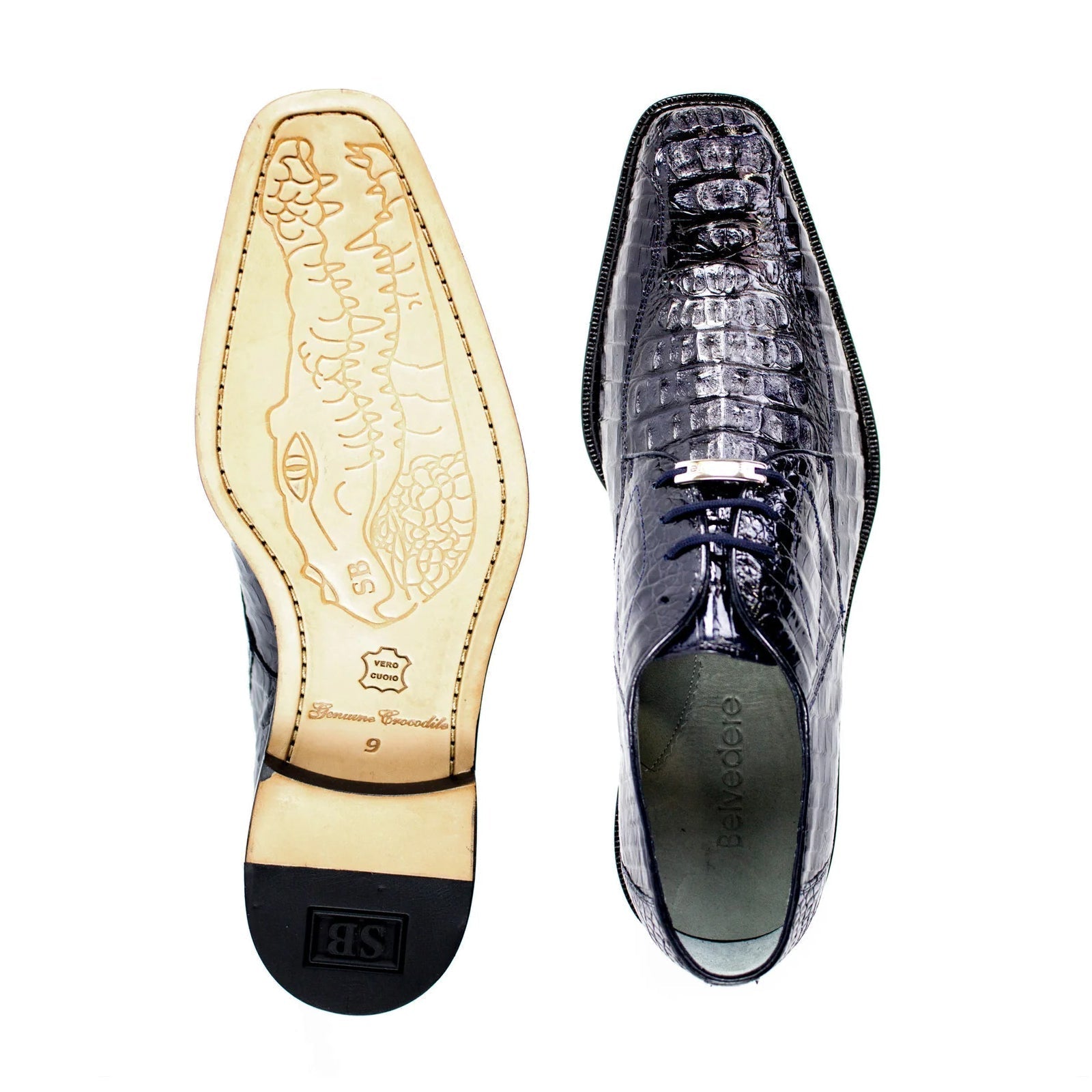 Men's Belvedere Chapo Hornback Caiman Crocodile Dress Shoe in Navy - 10.5-M
