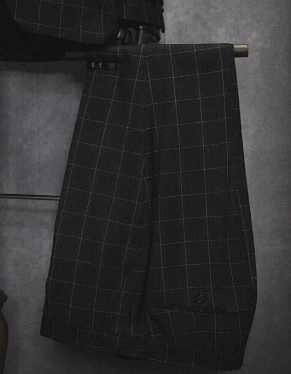 Mens Two Button Peak Lapel Plaid Pattern Suit Charcoal ~ White - Coat Size 38