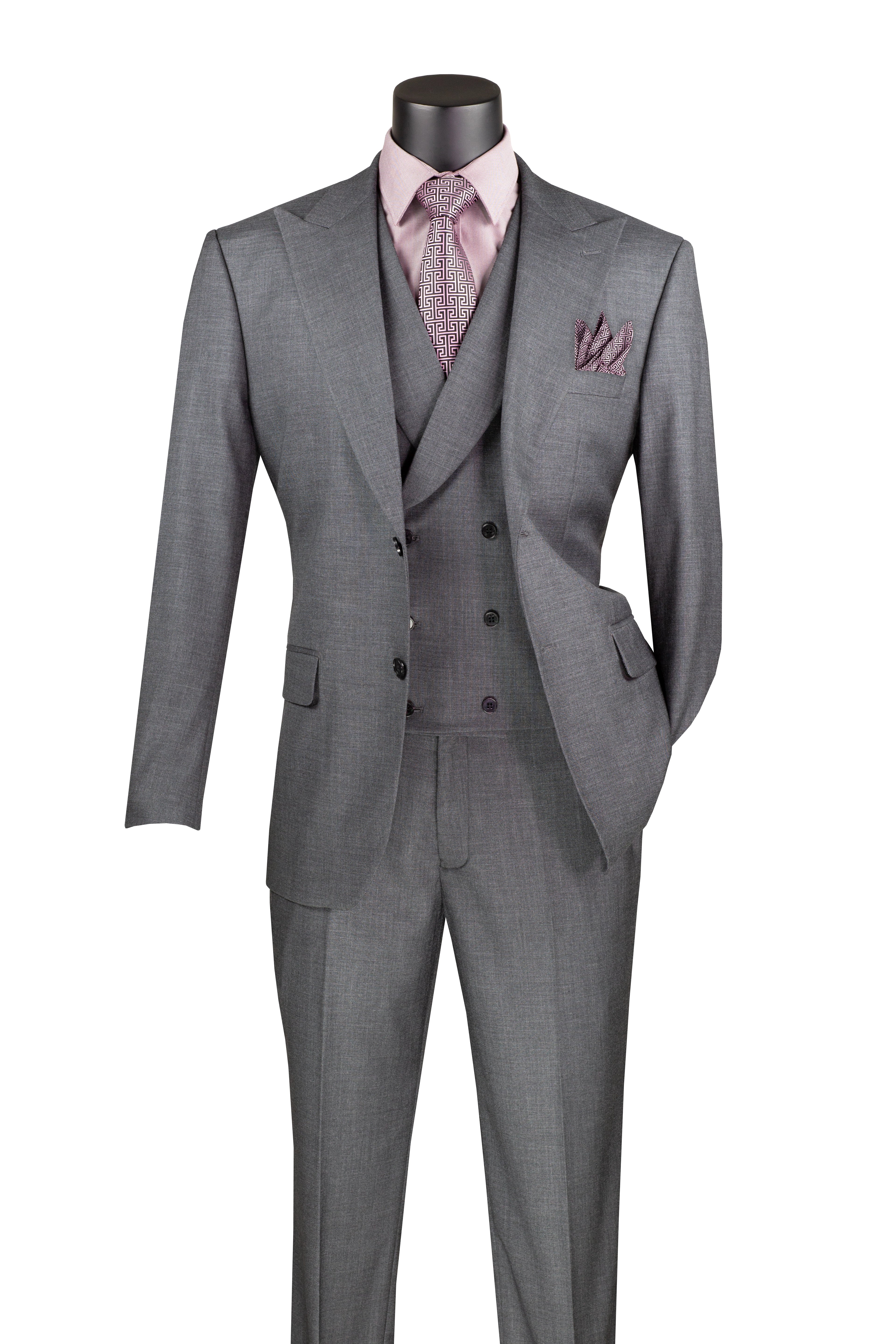 Charcoal Modern Fit 3-Piece Suit with Lapel Vest & Adjustable Pants - 38 Short - 32 Waist