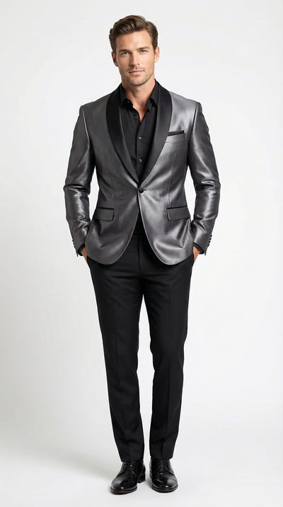 Mens Shiny Charcoal Grey Blazer Sharkskin Dinner Jacket Shawl Collar