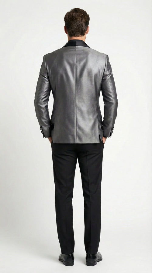 Mens Shiny Charcoal Grey Blazer Sharkskin Dinner Jacket Shawl Collar